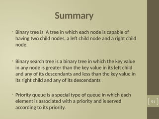 Summary
• Binary tree is A tree in which each node is capable of
having two child nodes, a left child node and a right child
node.
• Binary search tree is a binary tree in which the key value
in any node is greater than the key value in its left child
and any of its descendants and less than the key value in
its right child and any of its descendants
• Priority queue is a special type of queue in which each
element is associated with a priority and is served
according to its priority.
51
 