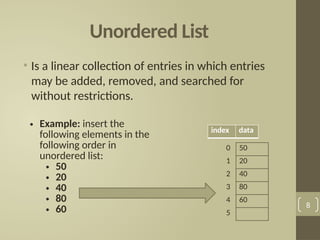 Unordered List
• Is a linear collection of entries in which entries
may be added, removed, and searched for
without restrictions.
8
• Example: insert the
following elements in the
following order in
unordered list:
• 50
• 20
• 40
• 80
• 60
0 50
1 20
2 40
3 80
4 60
5
index data
 