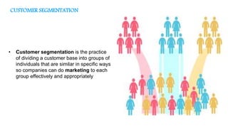 • Customer segmentation is the practice
of dividing a customer base into groups of
individuals that are similar in specific ways
so companies can do marketing to each
group effectively and appropriately
CUSTOMER SEGMENTATION
 