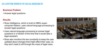 AI LAWYER SPEEDS UP LEGAL RESEARCH
Business Problem
 Answer legal questions
Results
 Ross Intelligence, which is built on IBM's super-
computer Watson, uses natural language processing to
answer legal questions
 Uses natural language processing to answer legal
questions in a fraction of the time that it would take a
legal assistant.
 Ross also monitors the law constantly to keep the user
updated about changes that might affect their case, so
they don't need to sift through the mass of legal news.
 