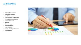 AI IN FINANCE
• Portfolio Management
• Algorithmic Trading
• Fraud Detection
• Loan/Insurance Underwriting
• Personal Recommendations
• Sentiment Analysis
• Security
• Customer Service
• Claims prediction
• Price sensitivity
• Agent & branch performance
• Credit scoring
 