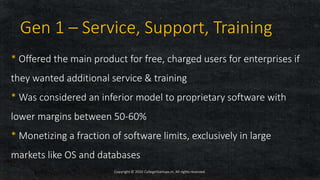 * Offered the main product for free, charged users for enterprises if
they wanted additional service & training
* Was considered an inferior model to proprietary software with
lower margins between 50-60%
* Monetizing a fraction of software limits, exclusively in large
markets like OS and databases
Copyright © 2020 CollegeStartups.in, All rights reserved.
Gen 1 – Service, Support, Training
 