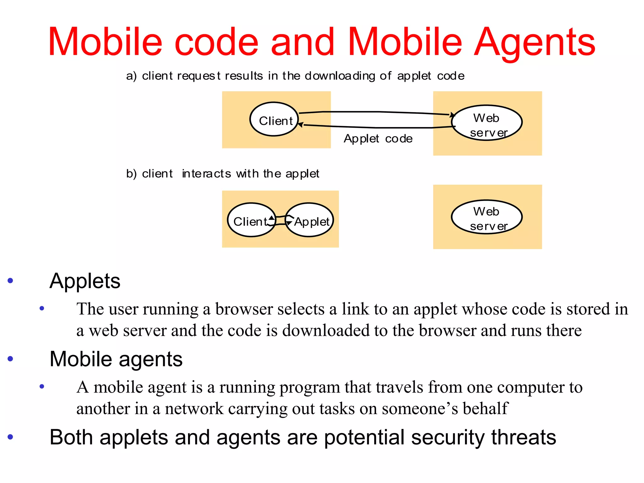 Mobile code and Mobile Agents
• Applets
• The user running a browser selects a link to an applet whose code is stored in
a web server and the code is downloaded to the browser and runs there
• Mobile agents
• A mobile agent is a running program that travels from one computer to
another in a network carrying out tasks on someone’s behalf
• Both applets and agents are potential security threats
a) client request results in the downloading of applet code
Web
server
Client
Web
server
Applet
Applet code
Client
b) client interacts with the applet
 