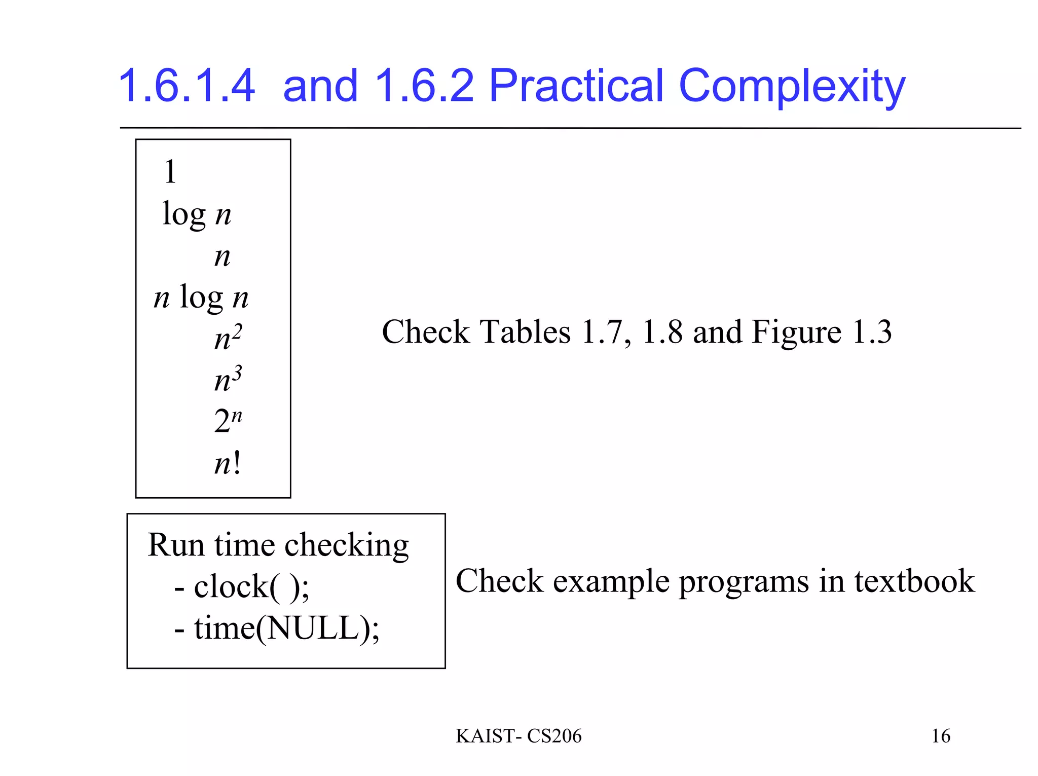 KAIST- CS206 16
1.6.1.4 and 1.6.2 Practical Complexity
1
log n
n
n log n
n2
n3
2n
n!
Check Tables 1.7, 1.8 and Figure 1.3
Run time checking
- clock( );
- time(NULL);
Check example programs in textbook
 