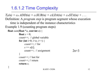 KAIST- CS206 12
1.6.1.2 Time Complexity
Tp(n) = ca ADD(n) + csSUB(n) + clLDA(n) + cstSTA(n) + . . .
Definition: A program step is program segment whose execution
time is independent of the instance characteristics
Example 1.9 (counting program steps)
float sum(float *a, cost int n) {
float s = 0;
count++; // global variable
for (int i=0; i<n; i++) {
count++; // for
s += a[i];
count++; // assignment
}
count++; // last for
count++; // return
return s;
}
2n+3
 