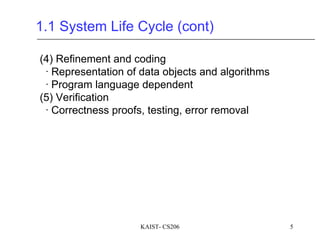 KAIST- CS206 5
1.1 System Life Cycle (cont)
(4) Refinement and coding
∙ Representation of data objects and algorithms
∙ Program language dependent
(5) Verification
∙ Correctness proofs, testing, error removal
 