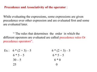 Precedence and Associativity of the operator :
While evaluating the expressions, some expressions are given
precedence over other expression and are evaluated first and some
are evaluated later.
“ The rules that determines the order in which the
different operators are evaluated are called precedence rules Or
precedence operators”.
Ex : 6 * (2 + 3) – 5 6 * (2 + 3) – 5
6 * 5 – 5 6 * 5 – 5
30 – 5 6 * 0
25 0
 