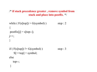 /* if stack precedence greater , remove symbol from
stack and place into postfix. */
while ( F(s[top]) > G(symbol) ) step : 2
{
postfix[j] = s[top--];
j++;
}
if ( F(s[top]) != G(symbol) ) step : 3
S[++top] = symbol;
else
top--;
}
 