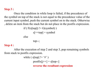 Step 3 :
Once the condition in while loop is failed, if the precedence of
the symbol on top of the stack is not equal to the precedence value of the
current input symbol, push the current symbol on to the stack. Otherwise
, delete an item from the stack but do not place in the postfix expression.
if ( F(s[top]) != G(symbol) )
s[++top] = symbol
else
top--;
Step 4 :
After the execution of step 2 and step 3, pop remaining symbols
from stack to postfix expression.
while ( s[top] != ‘#’ )
postfix[j++] = s[top--]
reverse the resultant expression
 
