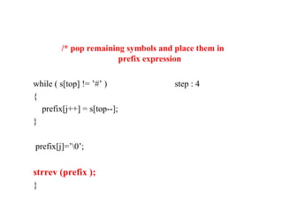 /* pop remaining symbols and place them in
prefix expression
while ( s[top] != ’#’ ) step : 4
{
prefix[j++] = s[top--];
}
prefix[j]=’0’;
strrev (prefix );
}
 