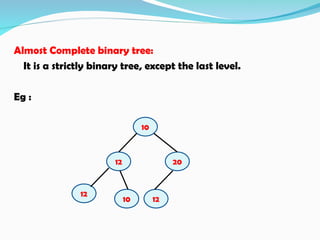 Almost Complete binary tree:
It is a strictly binary tree, except the last level.
Eg :
10
12 20
10
12
12
 