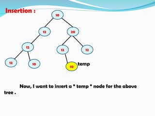 Insertion :
temp
Now, I want to insert a “ temp “ node for the above
tree .
10
12 20
10
12
12
12
12
10
 