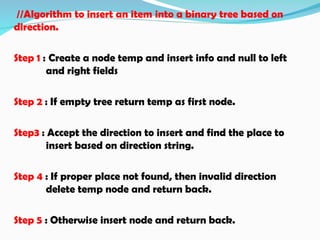 //Algorithm to insert an item into a binary tree based on
direction.
Step 1 : Create a node temp and insert info and null to left
and right fields
Step 2 : If empty tree return temp as first node.
Step3 : Accept the direction to insert and find the place to
insert based on direction string.
Step 4 : If proper place not found, then invalid direction
delete temp node and return back.
Step 5 : Otherwise insert node and return back.
 