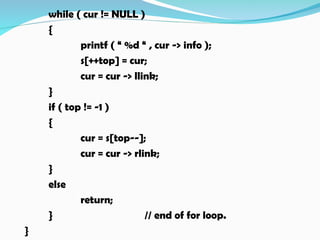 while ( cur != NULL )
{
printf ( “ %d “ , cur -> info );
s[++top] = cur;
cur = cur -> llink;
}
if ( top != -1 )
{
cur = s[top--];
cur = cur -> rlink;
}
else
return;
} // end of for loop.
}
 