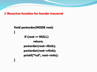 // Recursive function for Inorder traversal
Void postorder(NODE root)
{
if (root == NULL)
return;
postorder(root->llink);
postorder(root->rlink);
printf(“%d”, root->info);
}
 