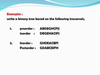 Examples :
write a binary tree based on the following traversals,
1. preorder : ABDEGHCFIJ
inorder : DBGEHACIFJ
2. Inorder : GHDEACBFI
Postorder : GDABCEIFH
 