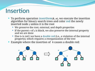 Insertion
 To perform operation insertItem(k, o), we execute the insertion
algorithm for binary search trees and color red the newly
inserted node z unless it is the root
 We preserve the root, external, and depth properties
 If the parent v of z is black, we also preserve the internal property
and we are done
 Else (v is red ) we have a double red (i.e., a violation of the internal
property), which requires a reorganization of the tree
 Example where the insertion of 4 causes a double red:
6
3 8
6
3 8
4
z
v v
z
 