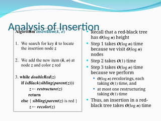 Analysis of Insertion
 Recall that a red-black tree
has O(log n) height
 Step 1 takes O(log n) time
because we visit O(log n)
nodes
 Step 2 takes O(1) time
 Step 3 takes O(log n) time
because we perform
 O(log n) recolorings, each
taking O(1) time, and
 at most one restructuring
taking O(1) time
 Thus, an insertion in a red-
black tree takes O(log n) time
Algorithm insertItem(k, o)
1. We search for key k to locate
the insertion node z
2. We add the new item (k, o) at
node z and color z red
3. while doubleRed(z)
if isBlack(sibling(parent(z)))
z  restructure(z)
return
else { sibling(parent(z) is red }
z  recolor(z)
 