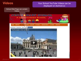 Videos                          Your School YouTube Videos can be
                                      displayed on dschool.co
  School Web Page can contain
            Videos
 