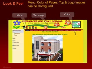 Look & Feel   Menu, Color of Pages, Top & Logo Images
              can be Configured

       Menu      Top Image            Color
 