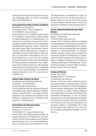Firmenverzeichnis – Hersteller / Distributoren

nikations-Sparte von Sagem ist Sagemcom jetzt eine private, unabhängige Gruppe, die im Besitz von der Carlyle
Group und den Mitarbeitern ist.
Samsung Electronics GmbH, Frankfurt a.M. (Bitkom)
Geschäftsführung: Dong-Min Kim
Am Kronberger Hang 6, 65824 Schwalbach/Ts.
Tel: 06196/661850, www.samsung.de
Samsung Electronics ist ein weltweit führender Hersteller von Halbleitern, Telekommunikation, digitalen Medien
und Hightech-Elektronik mit 197 Niederlassungen in 72
Ländern rund um den Globus. Der Konzern ist in zwei Organisationen aufgeteilt, welche die neun eigenständigen
Geschäftsbereiche koordinieren: Media & Communications (Visual Display, Mobile Communications, Telecommunication Systems, Digital Appliances, IT Solutions, Digital Imaging) und Device Solutions (Memory, System LSI,
LED). Das Unternehmen erwirtschaftete im Jahr 2011
einen Konzernumsatz von rund 143,1 Mrd. US-Dollar.
Für diesen Erfolg sind vor allem die 206.000 Mitarbeiter
von Samsung Electronics verantwortlich. Einen maßgeblichen Anteil an diesem Erfolg hat die 1982 gegründete
Samsung Electronics GmbH Deutschland in Schwalbach/
Taunus. Mit mehr als 400 Mitarbeitern erwirtschaftete die
deutsche Gesellschaft im Jahr 2011 einen Umsatz von
3,028 Mrd. Euro.
Scalcom GmbH, Frankfurt a.M. (Breko)
Geschäftsführung: Christian Skala, Robert Ihler
Dieselstraße 3, 87448 Waltenhofen
Tel: 0831/5918800, www.scalcom.de
Die SCALCOM GmbH bietet als spezialisierter Netzwerkund Projektdistributor, neben der klassischen Produktdistribution umfassende Service- und Support-Leistungen,
angefangen bei der Skizzierung eines Projektes und der
Erstellung von Stücklisten, bis hin zur Planung und, falls
gewünscht, zur Realisierungshilfe.
Schmid Telecom AG, Mannheim (Breko)
Geschäftsführung: Peter Schmid
Binzstrasse 35, 8045 Zürich
Tel: 004144/4561111, www.schmid-telecom.com
Schmid Telecom stellt Telekommunikationslösungen der
neuesten Generation für den Weltmarkt her. Das Unternehmen ist führend in der Herstellung von DSL-Systemen
(Digital Subscriber Line) und von Kommunikationslösungen für die Flugsicherung. Das Unternehmen hat über

Portel.de - Dschungelführer 2013

190 Mitarbeiterinnen und Mitarbeiter. Der Umsatz von
Schmid Telecom hat sich in den letzten fünf Jahren verdreifacht. Derzeit sind mehr als 350.000 DSL-Systeme
von Schmid Telecom in über 40 Ländern im Einsatz. Das
Unternehmen ist Mitglied im Branchenverband Breko e.V.
Servonic Telekommunikationslösungen GmbH,
München
Geschäftsführung: Eckhard Klein, Jochen Klein
Ilzweg 7, 82140 Olching
Tel: 08142/47990, www.servonic.com
serVonic mit Sitz in Olching bei München ist Hersteller
von Softwarelösungen mit Schwerpunkt auf Unified Communication mit Fax, Unified Messaging und CTI. serVonic
setzt mit ihren Kommunikationslösungen auf bestehende
Standards wie Standardschnittstellen und Standardhardware, proprietäre Lösungen werden vermieden. Das
Unternehmen legt Wert auf marktgerechte und zukunftsorientierte Produkt- Entwicklung mit Orientierung an Integration in verfügbare Umgebungen auch im Hinblick auf
zukünftige Erweiterungen und Verbesserungen. serVonic
ist Partner von Dialogic, Funkwerk EC, IBM, innovaphone,
Microsoft, Siemens, SAP und TE-Systems.
Siemens AG, München
Vorstand: Peter Löscher
Wittelsbacherplatz 2, 80333 München
Tel: 089/63600, www.siemens.de
Siemens, mit Firmensitz in Berlin und München, zählt zu
den weltweit größten und traditionsreichsten Firmen der
Elektrotechnik und Elektronik mit führenden Marktpositionen auf all seinen Arbeitsgebieten. Rund 360.000 Mitarbeiter entwickeln und fertigen Produkte, projektieren
und erstellen Systeme und Anlagen und erbringen maßgeschneiderte Dienstleistungen. In über 190 Ländern
unterstützt das vor 160 Jahren gegründete Unternehmen
seine Kunden mit innovativen Techniken und umfassendem Know-how bei der Lösung ihrer geschäftlichen und
technischen Aufgaben. Im Geschäftsjahr 2011 erzielte
das Unternehmen einen Umsatz von 73,515 Mrd. Euro
und ein Ergebnis der fortgeführten Aktivitäten von 7,011
Mrd. Euro.

149

 