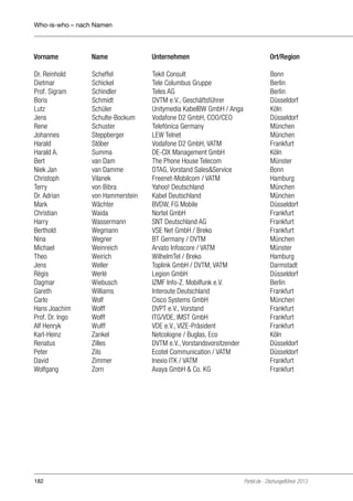 Who-is-who – nach Namen

Vorname	Name	

Unternehmen	

Ort/Region

Dr. Reinhold	
Dietmar 	
Prof. Sigram	
Boris	
Lutz	
Jens	
Rene	
Johannes	
Harald	
Harald A.	
Bert	
Niek Jan	
Christoph 	
Terry	
Dr. Adrian	
Mark 	
Christian 	
Harry	
Berthold	
Nina	
Michael	
Theo	
Jens	
Régis	
Dagmar	
Gareth	
Carlo	
Hans Joachim	
Prof. Dr. Ingo	
Alf Henryk	
Karl-Heinz	
Renatus	
Peter	
David	
Wolfgang	

Tekit Consult	
Tele Columbus Gruppe	
Teles AG 	
DVTM e.V., Geschäftsführer	
Unitymedia KabelBW GmbH / Anga	
Vodafone D2 GmbH, COO/CEO 	
Telefónica Germany	
LEW Telnet	
Vodafone D2 GmbH, VATM	
DE-CIX Management GmbH	
The Phone House Telecom	
DTAG, Vorstand Sales&Service	
Freenet-Mobilcom / VATM	
Yahoo! Deutschland	
Kabel Deutschland	
BVDW, FG Mobile	
Nortel GmbH 	
SNT Deutschland AG 	
VSE Net GmbH / Breko	
BT Germany / DVTM	
Arvato Infoscore / VATM	
WilhelmTel / Breko	
Toplink GmbH / DVTM, VATM	
Legion GmbH	
IZMF Info-Z. Mobilfunk e.V.	
Interoute Deutschland	
Cisco Systems GmbH	
DVPT e.V., Vorstand	
ITG/VDE, IMST GmbH	
VDE e.V., VIZE-Präsident	
Netcologne / Buglas, Eco	
DVTM e.V., Vorstandsvorsitzender	
Ecotel Communication / VATM	
Inexio ITK / VATM 	
Avaya GmbH & Co. KG	

Bonn
Berlin
Berlin
Düsseldorf
Köln
Düsseldorf
München
München
Frankfurt
Köln
Münster
Bonn
Hamburg
München
München
Düsseldorf
Frankfurt
Frankfurt
Frankfurt
München
Münster
Hamburg
Darmstadt
Düsseldorf
Berlin
Frankfurt
München
Frankfurt
Frankfurt
Frankfurt
Köln
Düsseldorf
Düsseldorf
Frankfurt
Frankfurt

182

Scheffel	
Schickel	
Schindler	
Schmidt	
Schüler	
Schulte-Bockum	
Schuster	
Steppberger	
Stöber	
Summa	
van Dam	
van Damme	
Vilanek	
von Bibra	
von Hammerstein	
Wächter	
Waida	
Wassermann	
Wegmann	
Wegner	
Weinreich	
Weirich	
Weller	
Werlé	
Wiebusch	
Williams	
Wolf	
Wolff	
Wolff	
Wulff	
Zankel	
Zilles	
Zils	
Zimmer	
Zorn	

Portel.de - Dschungelführer 2013

 