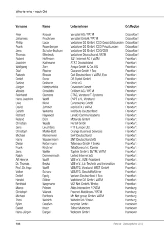Who-is-who – nach Ort

Vorname	Name	

Unternehmen	

Ort/Region

Peer	
Johannes 	
Philip	
Frank	
Jens	
Thomas	
Robert	
Joachim	
Wolfgang	
Olaf	
Rakesh	
Detlef	
Sabine 	
Jürgen	
Vlasios 	
Reinhard	
Hans Joachim	
Uwe	
David	
Gareth	
Richard 	
Roland	
Christian 	
Jens	
Christoph	
Michael 	
Harry	
Dieter	
Frank 	
Jens	
Ralph	
Alf Henryk	
Dr. Thomas	
Prof. Dr. Ingo	
Volker 	
Detlef 	
Harald	
Berthold	
Marco	
Christoph 	
Michael 	
Theo	
Björn	
Ewald	
Hans-Jürgen	

Versatel AG / VATM 	
Versatel GmbH / VATM	
Vodafone D2 GmbH, CCO Geschäftskunden	
Vodafone D2 GmbH, CCO Privatkunden	
Vodafone D2 GmbH, COO/CEO 	
Vodafone Deutschland, VATM	
1&1 Internet AG / VATM	
AT&T Deutschland 	
Avaya GmbH & Co. KG	
Claranet GmbH / Eco	
Colt Deutschland / VATM, Eco	
DB Systel GmbH	
Denic eG	
Devoteam Danet 	
Drillisch AG / VATM	
DTAG, Vorstand T-Systems	
DVPT e.V., Vorstand	
Eunetworks GmbH	
Inexio ITK / VATM 	
Interoute Deutschland	
Level3 Communications 	
Motorola GmbH	
Nortel GmbH 	
NTT Europe Ltd.	
Orange Business Services	
SAP Deutschland	
SNT Deutschland AG 	
Telemaxx GmbH / Breko	
TeliaSonera Int. Carrier	
Toplink GmbH / DVTM, VATM	
United Internet AG	
VDE e.V., VIZE-Präsident	
VDE e.V., Ltr. Technik und Innovation	
VDE/ITG, Vorstand, IMST GmbH	
VDE/ITG, Geschäftsführer	
Verizon Deutschland / Eco	
Vodafone D2 GmbH, VATM	
VSE Net GmbH / Breko	
Atlas Interactive / DVTM 	
Freenet-Mobilcom / VATM	
Mr. Net group Gmbh/ VATM	
WilhelmTel / Breko	
Keymile GmbH	
Telcat Multicom	
Wobcom GmbH	

Düsseldorf
Düsseldorf
Düsseldorf
Düsseldorf
Düsseldorf
Düsseldorf
Frankfurt
Frankfurt
Frankfurt
Frankfurt
Frankfurt
Frankfurt
Frankfurt
Frankfurt
Frankfurt
Frankfurt
Frankfurt
Frankfurt
Frankfurt
Frankfurt
Frankfurt
Frankfurt
Frankfurt
Frankfurt
Frankfurt
Frankfurt
Frankfurt
Frankfurt
Frankfurt
Frankfurt
Frankfurt
Frankfurt
Frankfurt
Frankfurt
Frankfurt
Frankfurt
Frankfurt
Frankfurt
Hamburg
Hamburg
Hamburg
Hamburg
Hannover
Hannover
Hannover

188

Knauer	
Pruchnow	
Lacor	
Rosenberger	
Schulte-Bockum	
Ellerbeck	
Hoffmann	
Kathmann	
Zorn	
Fischer	
Bhasin	
Exner	
Dolderer	
Hatzipantelis	
Choulidis	
Clemens	
Wolff	
Nickl	
Zimmer	
Williams	
Haywood	
Dürr	
Waida	
Leuchters	
Müller-Dott	
Kleinemeier	
Wassermann	
Kettermann	
Kirchner	
Weller	
Dommermuth	
Wulff	
Becks	
Wolff	
Schanz	
Eppig	
Stöber	
Wegmann	
Priewe	
Vilanek	
Rohbeck	
Weirich	
Claaßen	
Kratz	
Dargel	

Portel.de - Dschungelführer 2013

 