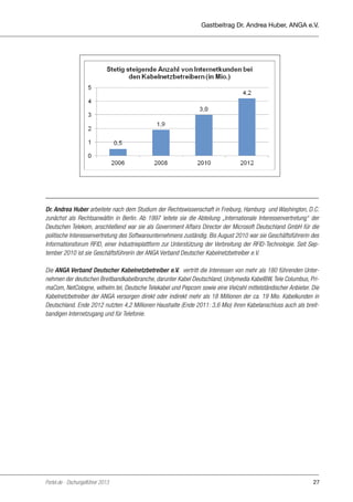 Seit Jahren investieren die Kabelnetzbetreiber über 20 Prozent ihrer Umsätze in ihre Netze
und beleben so den Wettbewerb: Immer mehr Internetnutzer entscheiden sich für das
schnelle und preiswerte Internet via Breitbandkabelnetz. Im vergangenen Jahr e.V. es ca.
Gastbeitrag Dr. Andrea Huber, ANGA waren
drei Viertel aller Breitbandneukunden und somit insgesamt 4,2 Mio. Internetkunden für die
Kabelnetzbetreiber bis zum Jahresende 2012. So steigert das Breitbandkabel kontinuierlich
seinen Anteil am Breitbandmarkt. Weitere Informationen unter www.anga.de/kommune.

Quelle: ANGA e.V.

Dr. Andrea Huber arbeitete nach dem Studium der nach dem Studium Freiburg, Hamburg und Washington, D.C.
Dr. Andrea Huber arbeitete Rechtswissenschaft in der Rechtswissenschaft in Freiburg,
zunächst als Rechtsanwältin und Washington, leitete zunächst als Rechtsanwältin in Berlin. Ab 1997 leitete sie
Hamburg in Berlin. Ab 1997 D.C. sie die Abteilung „Internationale Interessenvertretung“ der
Deutschen Telekom, Abteilung „Internationale Interessenvertretung“ der Deutschen Telekom, anschließend
die anschließend war sie als Government Affairs Director der Microsoft Deutschland GmbH für die
politische InteressenvertretungGovernment Affairs Director der Bis August 2010 war sie Geschäftsführerin des
war sie als des Softwareunternehmens zuständig. Microsoft Deutschland GmbH für die politische
Interessenvertretung des Softwareunternehmens zuständig. Bis August 2010 SepInformationsforum RFID, einer Industrieplattform zur Unterstützung der Verbreitung der RFID-Technologie. Seitwar sie
tember 2010 ist Geschäftsführerin der ANGA Verband Deutscher Kabelnetzbetreiber e.V.
sie Geschäftsführerin des Informationsforum RFID, einer Industrieplattform zur Unterstützung
der Verbreitung der RFID-Technologie. Seit September 2010 ist sie Geschäftsführerin der
ANGA Verband Deutscher Kabelnetzbetreiber e.V.
Die ANGA Verband Deutscher Kabelnetzbetreiber e.V. vertritt die Interessen von mehr als 180 führenden Unternehmen der deutschen Breitbandkabelbranche, darunter Kabel Deutschland, Unitymedia KabelBW, Tele Columbus, PrimaCom, NetCologne, wilhelm.tel, Deutsche Telekabel und Pepcom sowie eine Vielzahl mittelständischer Anbieter. Die
Kabelnetzbetreiber der ANGA Verbanddirekt oder indirekt mehr als 18 Millionen der vertrittMio. Kabelkunden von mehr
Die ANGA versorgen Deutscher Kabelnetzbetreiber e.V. ca. 19 die Interessen in
Deutschland. Ende 2012 nutzten 4,2 Millionen Haushalte (Ende 2011: 3,6 Breitbandkabelbranche, darunter Kabel
als 180 führenden Unternehmen der deutschen Mio) ihren Kabelanschluss auch als breitbandigen Internetzugang und für Telefonie.
Deutschland, Unitymedia KabelBW, Tele Columbus, PrimaCom, NetCologne, wilhelm.tel,

Deutsche Telekabel und Pepcom sowie eine Vielzahl mittelständischer Anbieter. Die
Kabelnetzbetreiber der ANGA versorgen direkt oder indirekt mehr als 18 Millionen der ca. 19
Mio. Kabelkunden in Deutschland. Ende 2012 nutzten 4,2 Millionen Haushalte (Ende 2011:
3,6 Mio) ihren Kabelanschluss auch als breitbandigen Internetzugang und für Telefonie.

Portel.de - Dschungelführer 2013

27

 