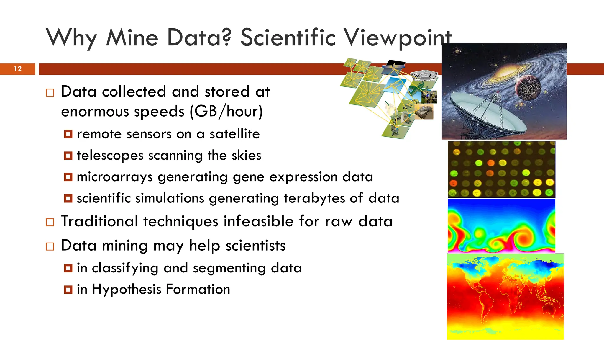 Why Mine Data? Scientific Viewpoint
12
 Data collected and stored at
enormous speeds (GB/hour)
 remote sensors on a satellite
 telescopes scanning the skies
 microarrays generating gene expression data
 scientific simulations generating terabytes of data
 Traditional techniques infeasible for raw data
 Data mining may help scientists
 in classifying and segmenting data
 in Hypothesis Formation
 