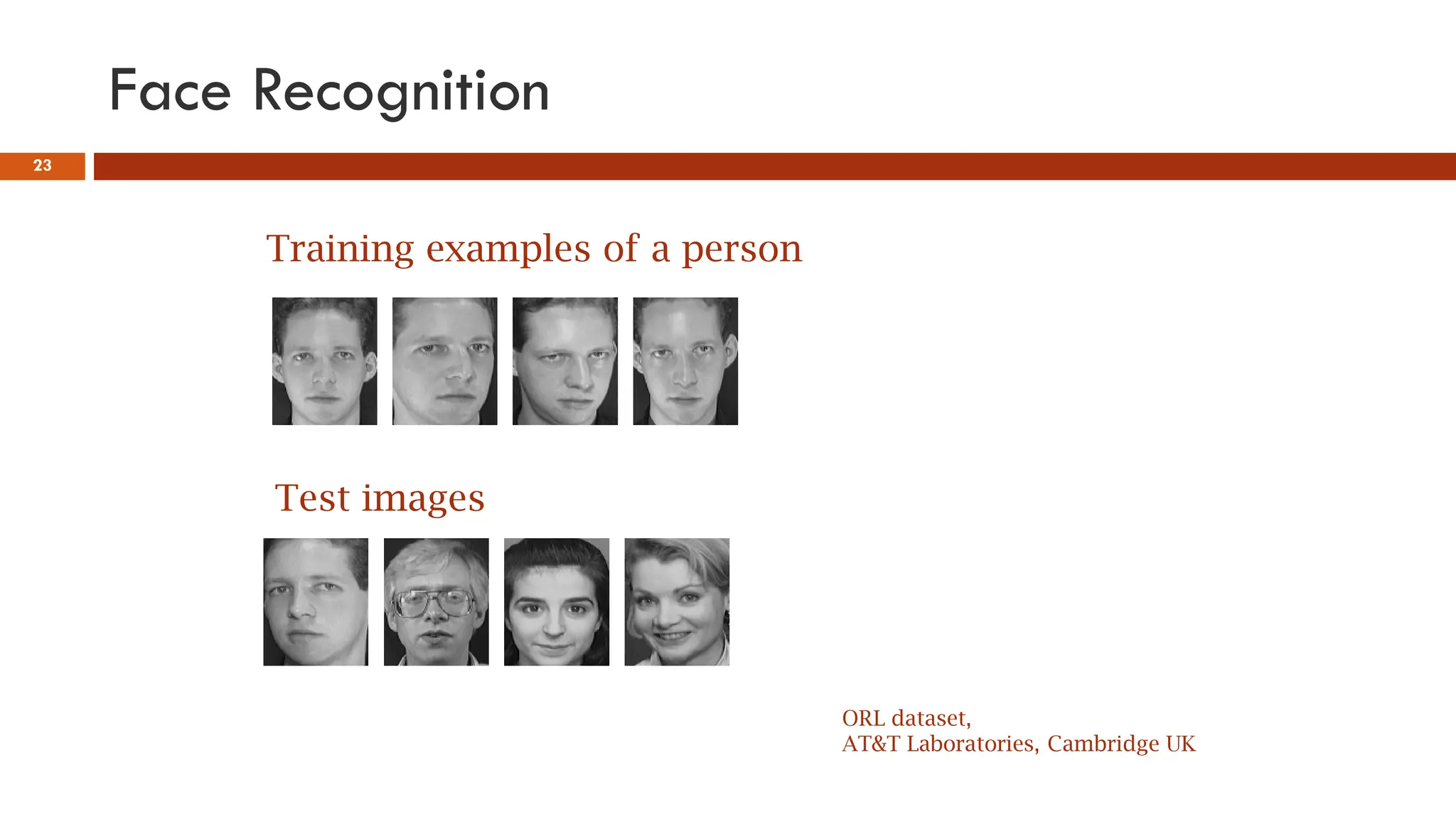 Face Recognition
23
Training examples of a person
Test images
ORL dataset,
AT&T Laboratories, Cambridge UK
 