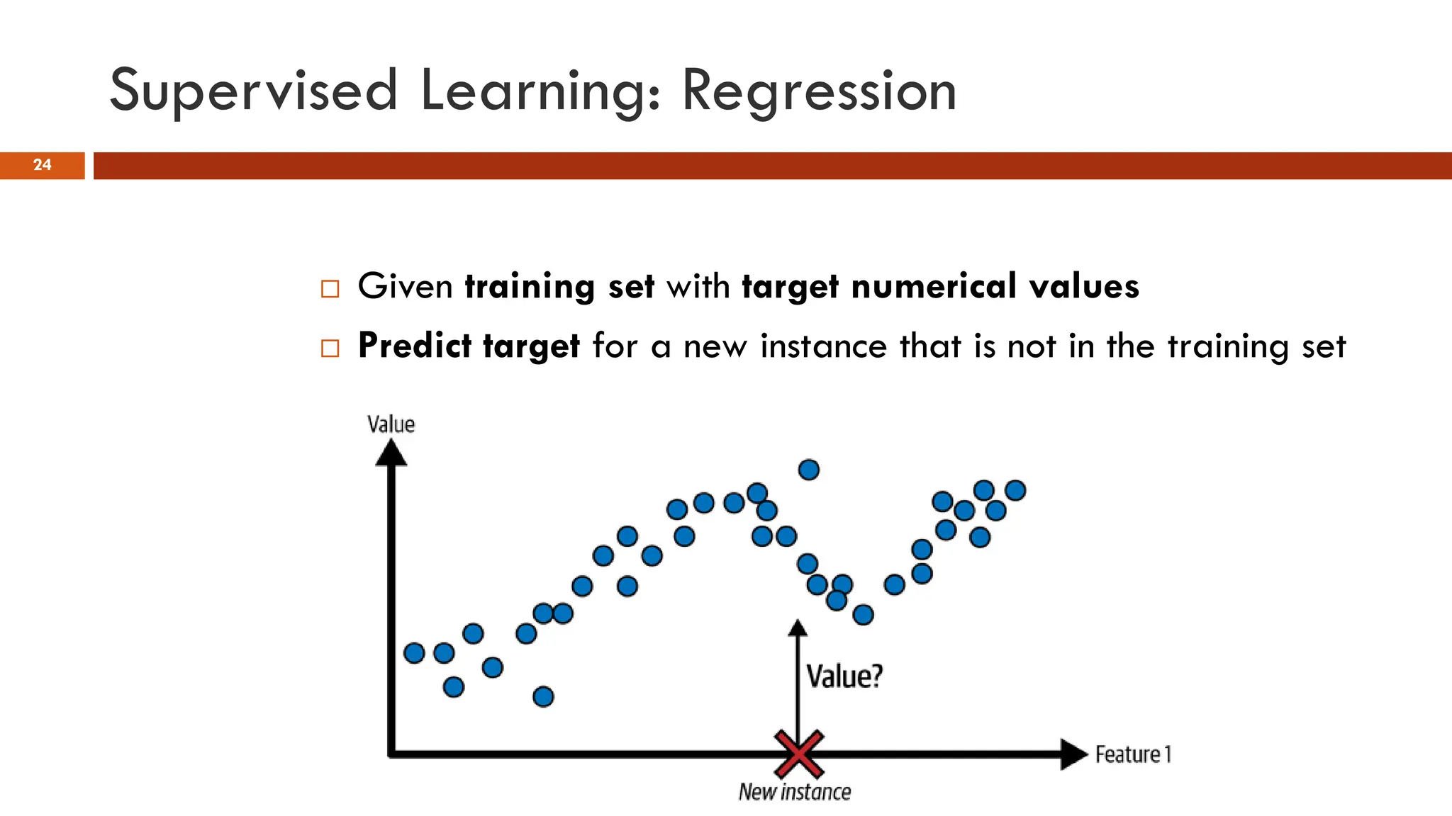 Supervised Learning: Regression
 Given training set with target numerical values
 Predict target for a new instance that is not in the training set
24
 