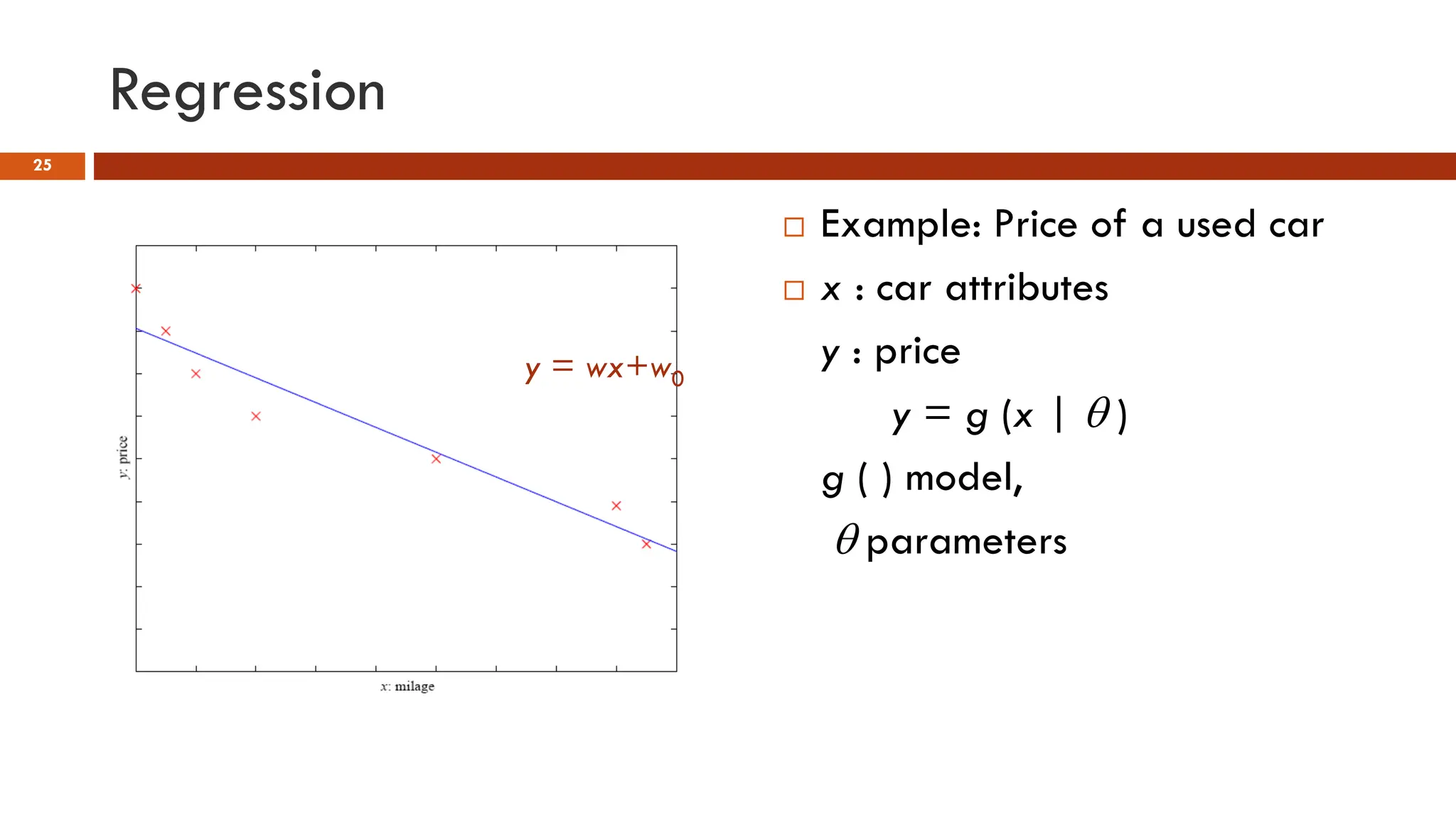 Regression
 Example: Price of a used car
 x : car attributes
y : price
y = g (x | θ )
g ( ) model,
θ parameters
25
y = wx+w0
 