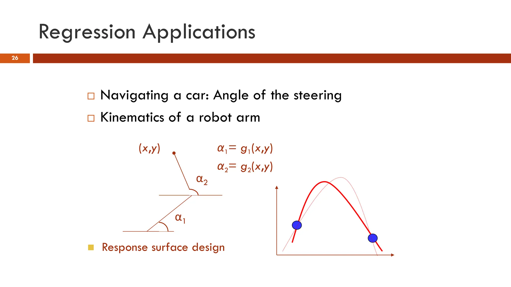 Regression Applications
26
 Navigating a car: Angle of the steering
 Kinematics of a robot arm
α1= g1(x,y)
α2= g2(x,y)
α1
α2
(x,y)
 Response surface design
 