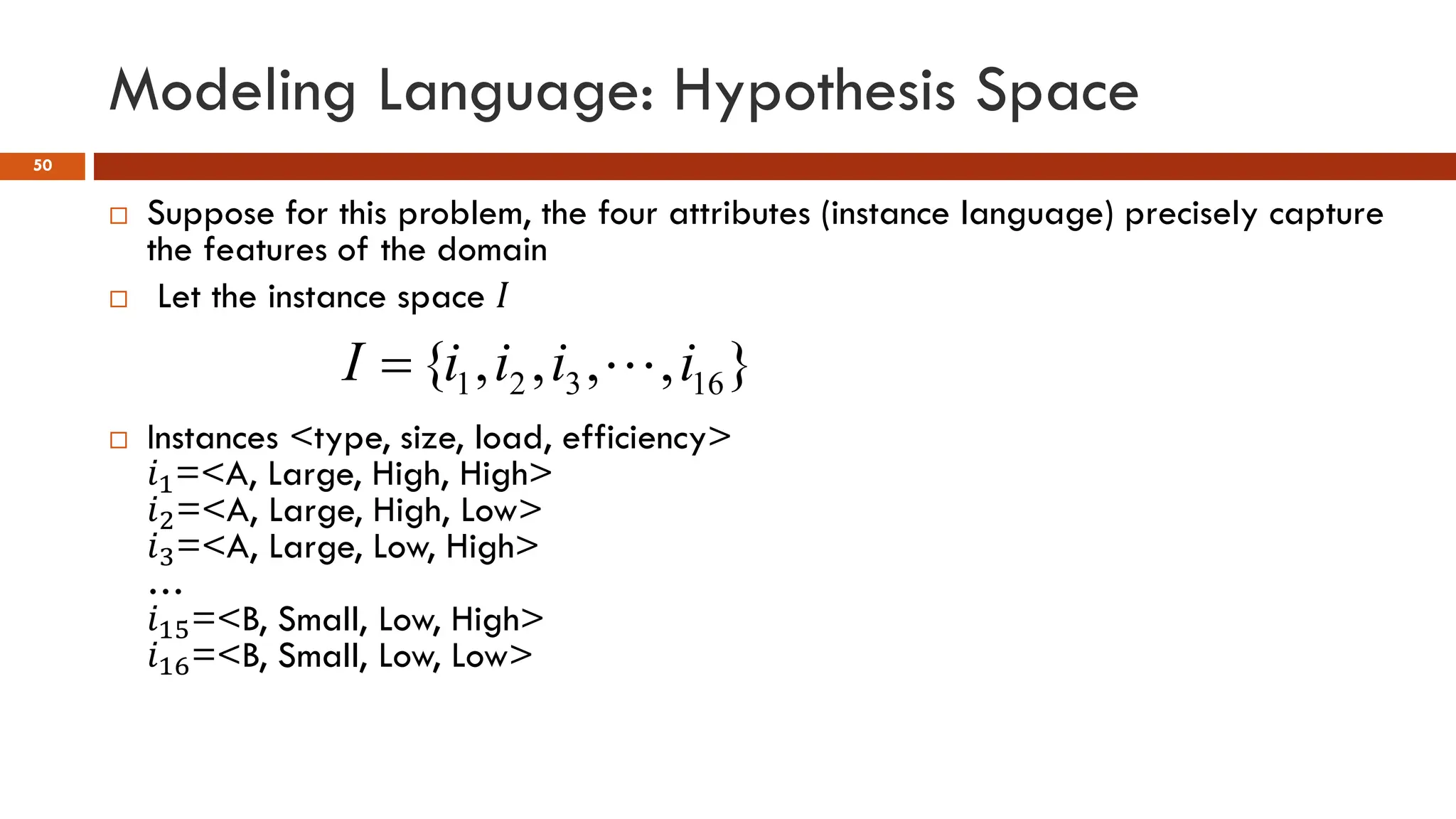 Modeling Language: Hypothesis Space
50
 Suppose for this problem, the four attributes (instance language) precisely capture
the features of the domain
 Let the instance space 𝐼𝐼
 Instances <type, size, load, efficiency>
𝑖𝑖1=<A, Large, High, High>
𝑖𝑖2=<A, Large, High, Low>
𝑖𝑖3=<A, Large, Low, High>
…
𝑖𝑖15=<B, Small, Low, High>
𝑖𝑖16=<B, Small, Low, Low>
}
,
,
,
,
{ 16
3
2
1 i
i
i
i
I 
=
 