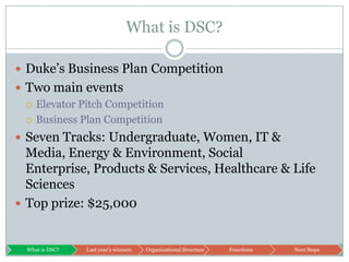 What is DSC?Duke’s Business Plan CompetitionTwo main eventsElevator Pitch CompetitionBusiness Plan CompetitionSeven Tracks: Undergraduate, Women, IT & Media, Energy & Environment, Social Enterprise, Products & Services, Healthcare & Life SciencesTop prize: $25,000