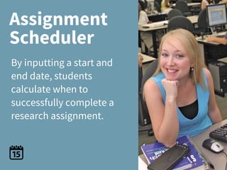 Assignment
Scheduler
By inputting a start and
end date, students
calculate when to
successfully complete a
research assignment.
 