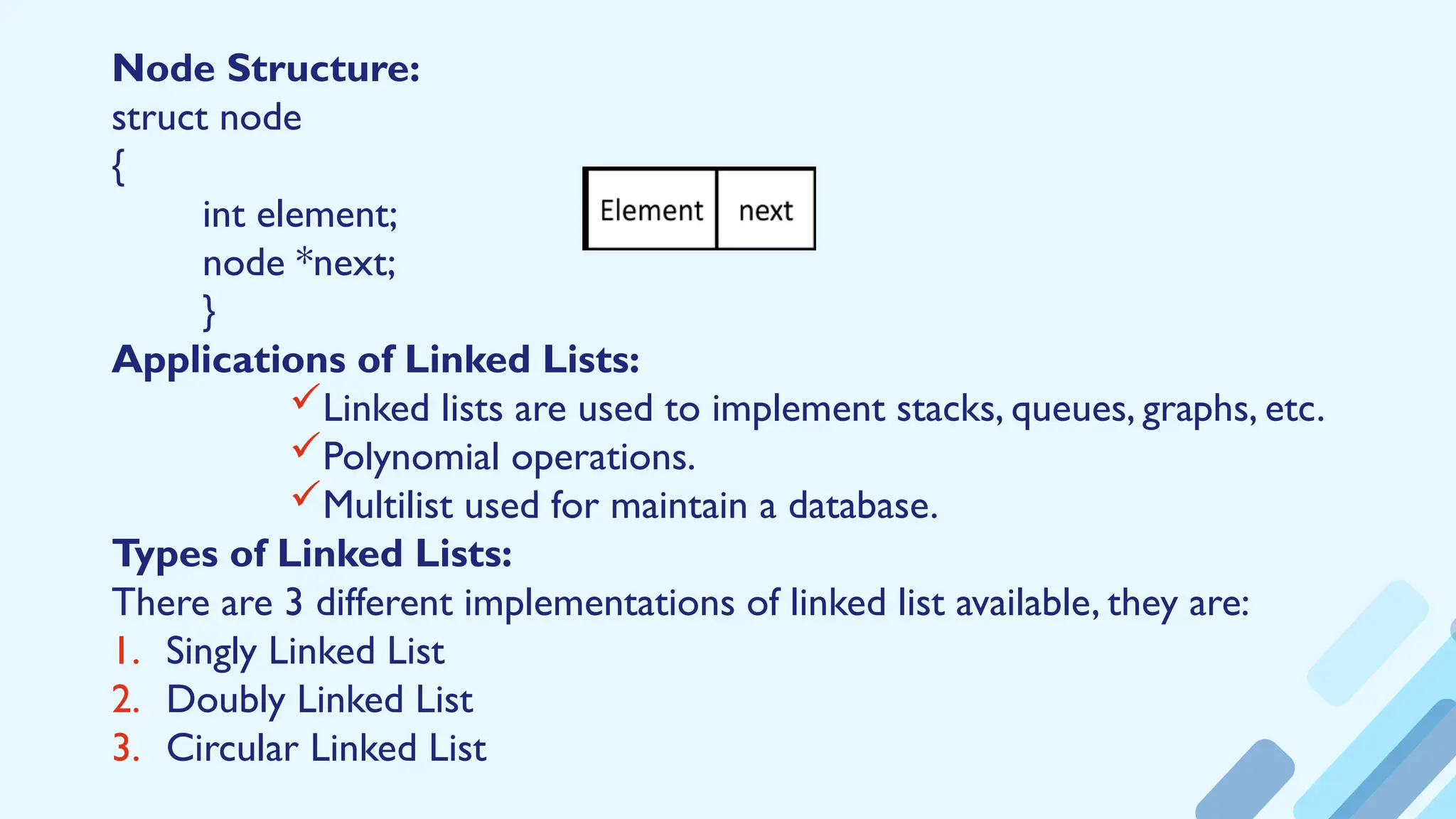 Node Structure:
struct node
{
int element;
node *next;
}
Applications of Linked Lists:
Linked lists are used to implement stacks, queues, graphs, etc.
Polynomial operations.
Multilist used for maintain a database.
Types of Linked Lists:
There are 3 different implementations of linked list available, they are:
1. Singly Linked List
2. Doubly Linked List
3. Circular Linked List
 