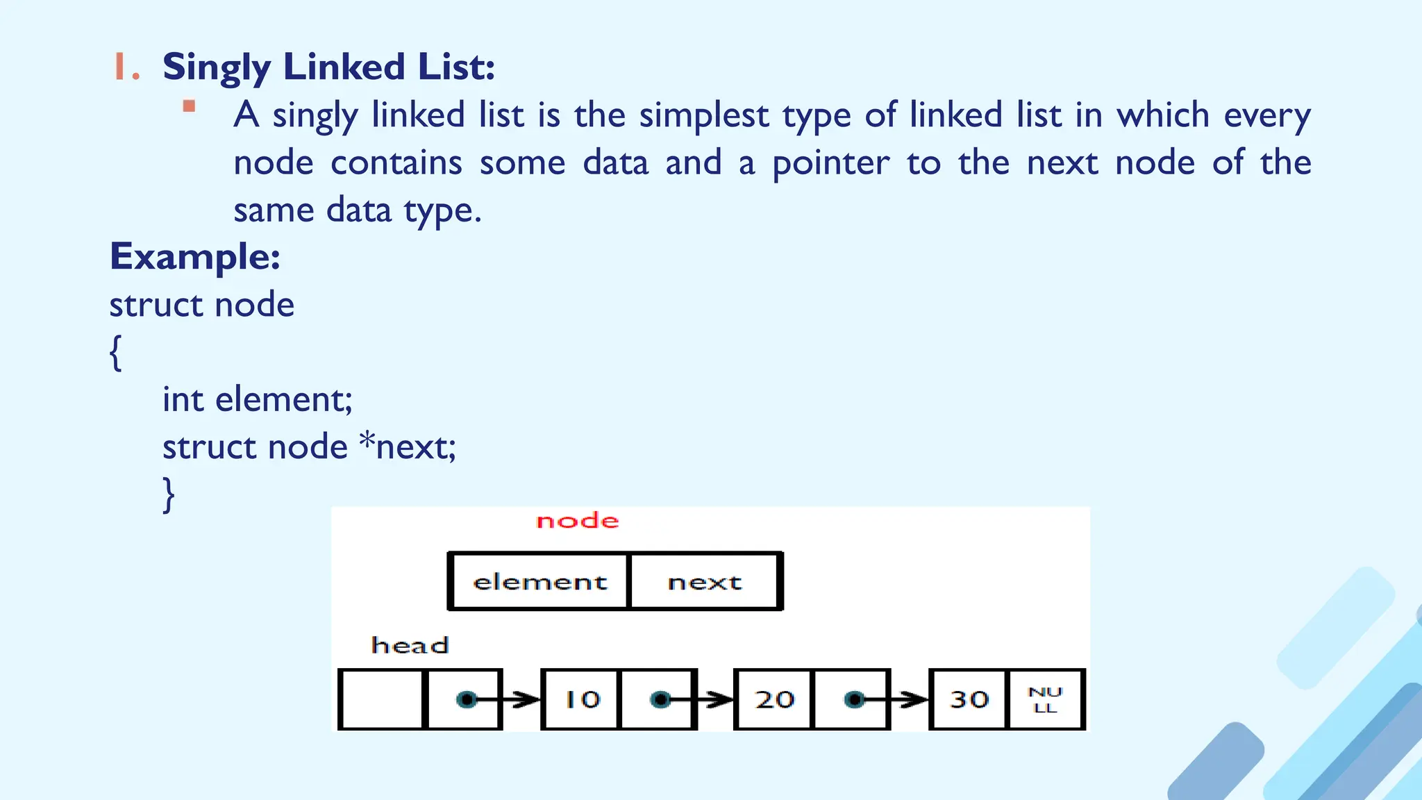 1. Singly Linked List:
 A singly linked list is the simplest type of linked list in which every
node contains some data and a pointer to the next node of the
same data type.
Example:
struct node
{
int element;
struct node *next;
}
 