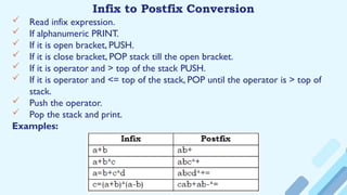 Infix to Postfix Conversion
 Read infix expression.
 If alphanumeric PRINT.
 If it is open bracket, PUSH.
 If it is close bracket, POP stack till the open bracket.
 If it is operator and > top of the stack PUSH.
 If it is operator and <= top of the stack, POP until the operator is > top of
stack.
 Push the operator.
 Pop the stack and print.
Examples:
 