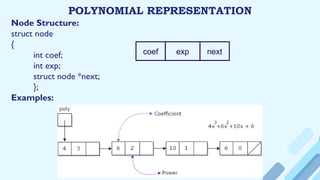 POLYNOMIAL REPRESENTATION
Node Structure:
struct node
{
int coef;
int exp;
struct node *next;
};
Examples:
coef next
exp
 
