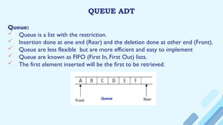 QUEUE ADT
Queue:
 Queue is a list with the restriction.
 Insertion done at one end (Rear) and the deletion done at other end (Front).
 Queue are less flexible but are more efficient and easy to implement
 Queue are known as FIFO (First In, First Out) lists.
 The first element inserted will be the first to be retrieved.
 