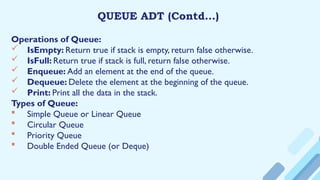 QUEUE ADT (Contd…)
Operations of Queue:
 IsEmpty: Return true if stack is empty, return false otherwise.
 IsFull: Return true if stack is full, return false otherwise.
 Enqueue: Add an element at the end of the queue.
 Dequeue: Delete the element at the beginning of the queue.
 Print: Print all the data in the stack.
Types of Queue:
 Simple Queue or Linear Queue
 Circular Queue
 Priority Queue
 Double Ended Queue (or Deque)
 