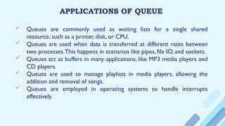 APPLICATIONS OF QUEUE
 Queues are commonly used as waiting lists for a single shared
resource, such as a printer, disk, or CPU.
 Queues are used when data is transferred at different rates between
two processes.This happens in scenarios like pipes, file IO, and sockets.
 Queues act as buffers in many applications, like MP3 media players and
CD players.
 Queues are used to manage playlists in media players, allowing the
addition and removal of songs.
 Queues are employed in operating systems to handle interrupts
effectively.
 