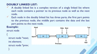 DOUBLY LINKED LIST:
 A doubly linked list is a complex version of a singly linked list where
each node contains a pointer to its previous node as well as the next
node.
 Each node in the doubly linked list has three parts, the first part points
to the previous node, the middle part contains the data and the last
part points to the next node.
Example:
struct node
{
struct node *next;
int element;
struct node *prev;
}
 