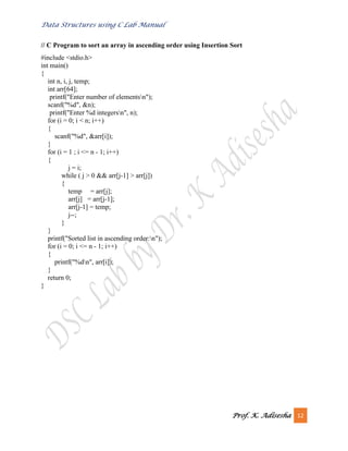 Data Structures using C Lab Manual
Prof. K. Adisesha 12
// C Program to sort an array in ascending order using Insertion Sort
#include <stdio.h>
int main()
{
int n, i, j, temp;
int arr[64];
printf("Enter number of elementsn");
scanf("%d", &n);
printf("Enter %d integersn", n);
for (i = 0; i < n; i++)
{
scanf("%d", &arr[i]);
}
for (i = 1 ; i <= n - 1; i++)
{
j = i;
while ( j > 0 && arr[j-1] > arr[j])
{
temp = arr[j];
arr[j] = arr[j-1];
arr[j-1] = temp;
j--;
}
}
printf("Sorted list in ascending order:n");
for (i = 0; i <= n - 1; i++)
{
printf("%dn", arr[i]);
}
return 0;
}
 