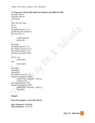 Data Structures using C Lab Manual
Prof. K. Adisesha 7
//C Program to Write Odd and Even Numbers into Different Files
#include<stdio.h>
#include<conio.h>
void main()
{
FILE *fp,*fp1,*fp2;
int c,i;
clrscr();
fp=fopen("data.txt","w");
printf("Enter the numbers");
for(i=0;i<10;i++)
{
scanf("%d",&c);
putw(c,fp);
}
fclose(fp);
fp=fopen("data.txt","r");
fp1=fopen("even.txt","w");
fp2=fopen("odd.txt","w");
while((c=getw(fp))!=EOF)
{
if(c%2==0)
putw(c,fp1);
else
putw(c,fp2);
}
fclose(fp);
fclose(fp1);
fclose(fp2);
fp1=fopen("even.txt","r");
while((c=getw(fp1))!=EOF)
printf("File-1 Elements : %4d",c);
printf("nn");
fp2=fopen("odd.txt","r");
while((c=getw(fp2))!=EOF)
printf("File-2 Elements : %4d",c);
fcloseall();
}
Output:
Enter the numbers: 1,2,3,4,5,6,7,8,9,10
File-1 Elements: 2 4 6 8 10
File-2 Elements: 1 3 5 7 9
 