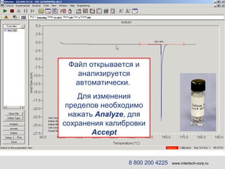 Файл открывается и анализируется автоматически .  Для изменения пределов необходимо нажать  Analyze , для сохранения калибровки  Accept 8 800 200 4225   www.intertech-corp.ru 