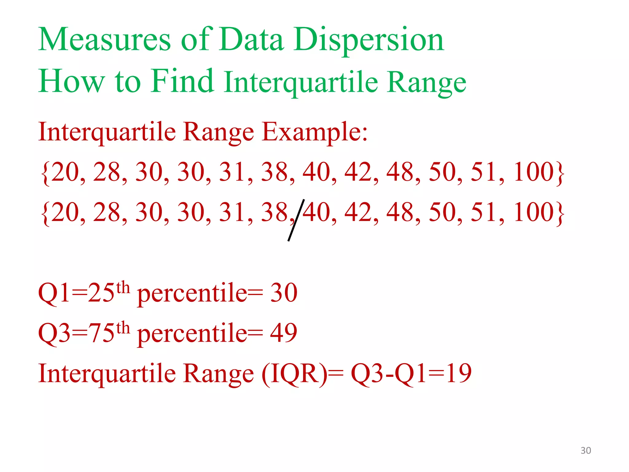 Measures of Data Dispersion
How to Find Interquartile Range
Interquartile Range Example:
{20, 28, 30, 30, 31, 38, 40, 42, 48, 50, 51, 100}
{20, 28, 30, 30, 31, 38, 40, 42, 48, 50, 51, 100}
Q1=25th percentile= 30
Q3=75th percentile= 49
Interquartile Range (IQR)= Q3-Q1=19
30

 