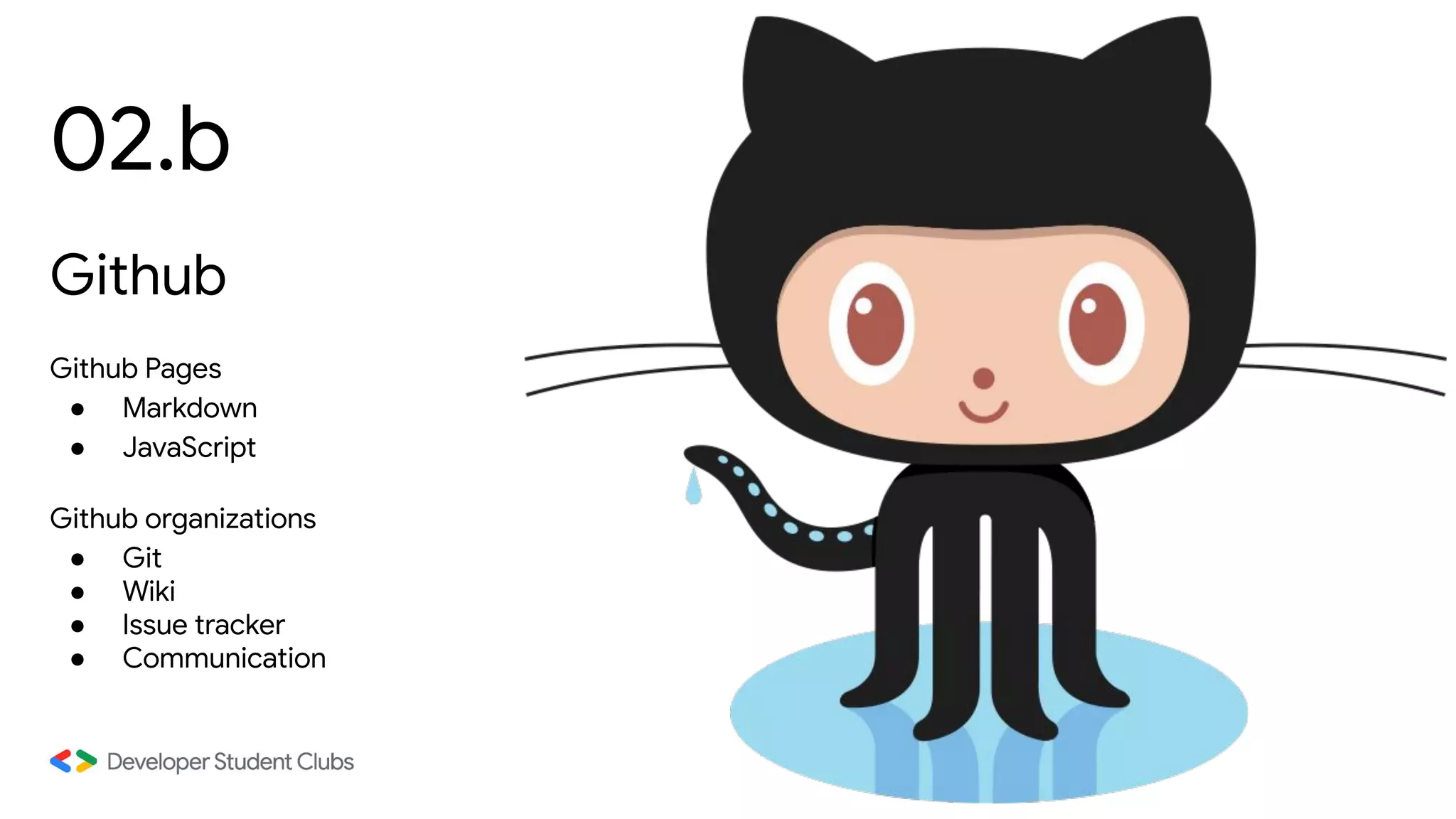 02.b
Github
Github Pages
● Markdown
● JavaScript
Github organizations
● Git
● Wiki
● Issue tracker
● Communication
Photo by Adi Goldstein on Unsplash
 