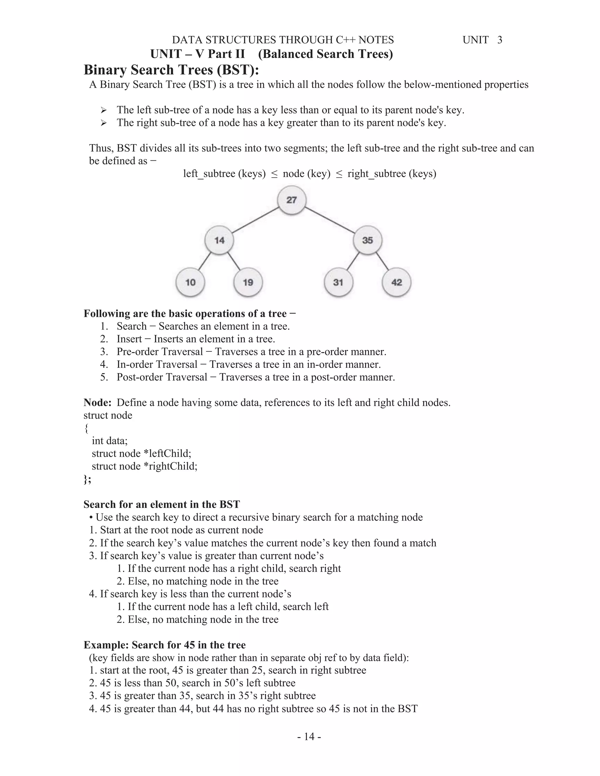 DATA STRUCTURES THROUGH C++ NOTES UNIT 3
- 14 -
UNIT – V Part II (Balanced Search Trees)
Binary Search Trees (BST):
A Binary Search Tree (BST) is a tree in which all the nodes follow the below-mentioned properties
¾ The left sub-tree of a node has a key less than or equal to its parent node's key.
¾ The right sub-tree of a node has a key greater than to its parent node's key.
Thus, BST divides all its sub-trees into two segments; the left sub-tree and the right sub-tree and can
be defined as −
left_subtree (keys) ≤ node (key) ≤ right_subtree (keys)
Following are the basic operations of a tree −
1. Search − Searches an element in a tree.
2. Insert − Inserts an element in a tree.
3. Pre-order Traversal − Traverses a tree in a pre-order manner.
4. In-order Traversal − Traverses a tree in an in-order manner.
5. Post-order Traversal − Traverses a tree in a post-order manner.
Node: Define a node having some data, references to its left and right child nodes.
struct node
{
int data;
struct node *leftChild;
struct node *rightChild;
};
Search for an element in the BST
• Use the search key to direct a recursive binary search for a matching node
1. Start at the root node as current node
2. If the search key’s value matches the current node’s key then found a match
3. If search key’s value is greater than current node’s
1. If the current node has a right child, search right
2. Else, no matching node in the tree
4. If search key is less than the current node’s
1. If the current node has a left child, search left
2. Else, no matching node in the tree
Example: Search for 45 in the tree
(key fields are show in node rather than in separate obj ref to by data field):
1. start at the root, 45 is greater than 25, search in right subtree
2. 45 is less than 50, search in 50’s left subtree
3. 45 is greater than 35, search in 35’s right subtree
4. 45 is greater than 44, but 44 has no right subtree so 45 is not in the BST
 
